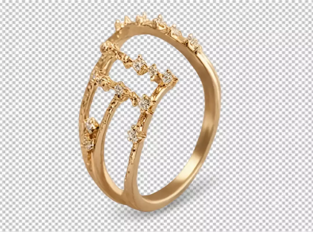 Elegant Gold Diamond Constellation Ring with Pave Setting on White Background