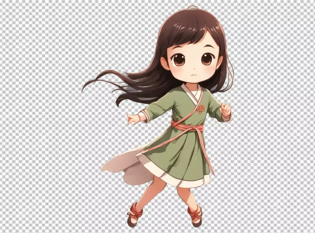 Adorable Chibi Anime Girl in Green Dress and Flowing Hair Posing Energetically