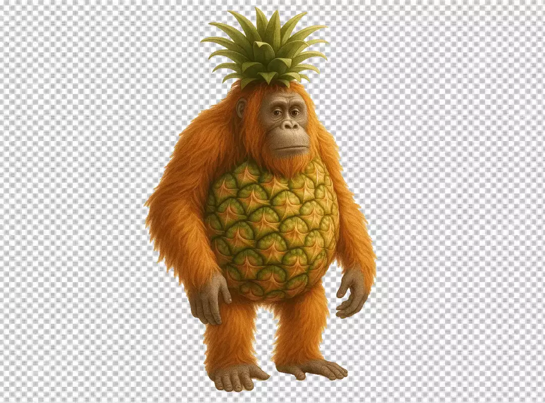Whimsical Orangutan with Pineapple Body and Crown Surreal Fruit Ape Concept