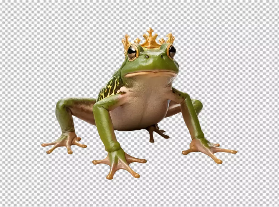 Majestic Green Frog Wearing Golden Crown Depicting Royalty Whimsy And Fantasy Isolated Image