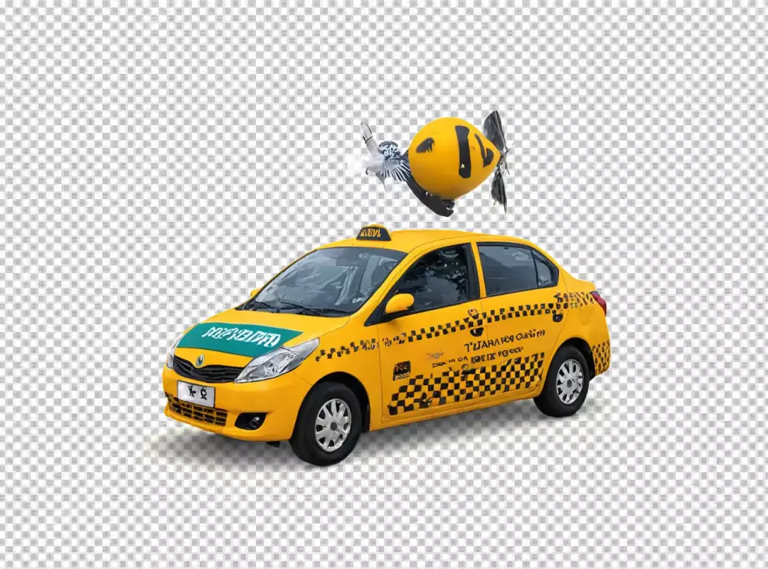 Whimsical Yellow Taxi with Abstract Flying Fish on White Background