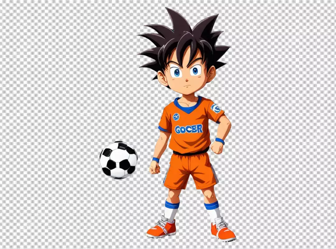 Energetic animated child in vibrant orange soccer uniform standing ready for game with football