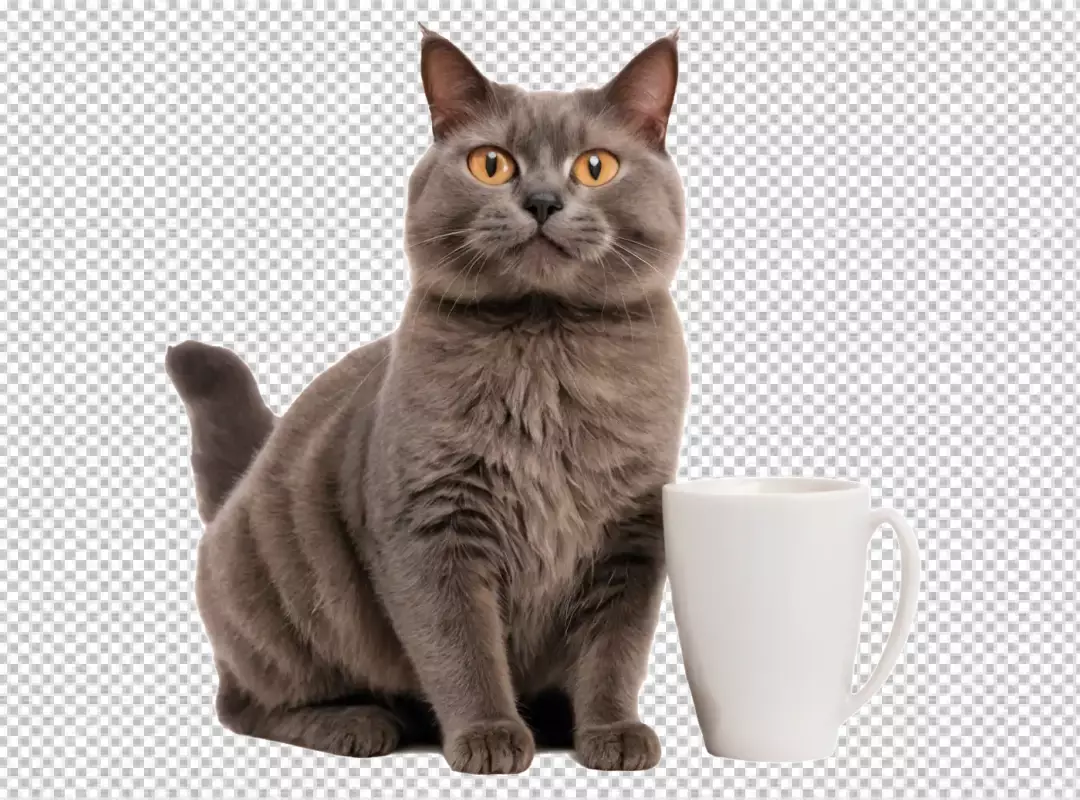 Elegant British Shorthair Cat with Amber Eyes Beside White Mug on Transparent Background