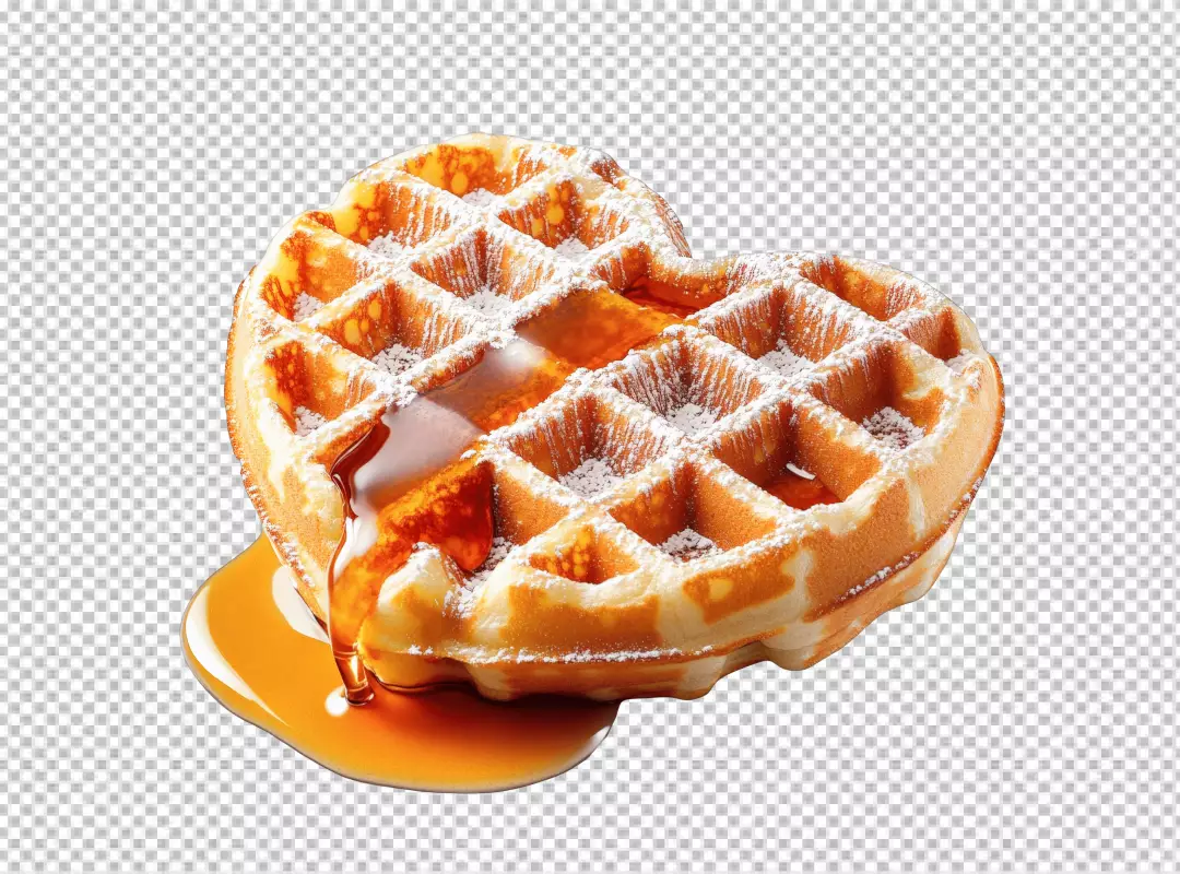 Delicious Heart-Shaped Waffle with Golden Syrup and Powdered Sugar PNG Download
