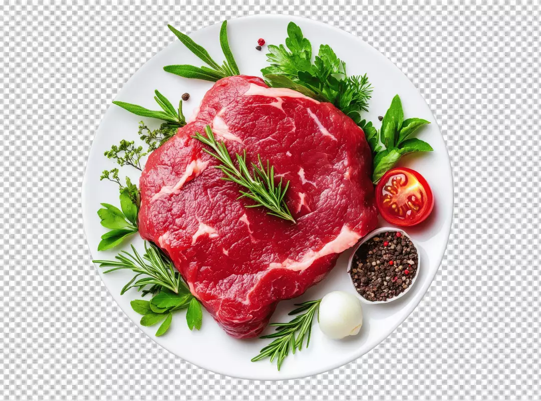 Fresh Raw Beef Steak with Rosemary and Aromatic Herbs on Plate Ready to Cook