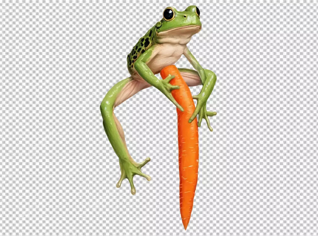 Vibrant Green Frog Clinging to a Fresh Orange Carrot on White Background