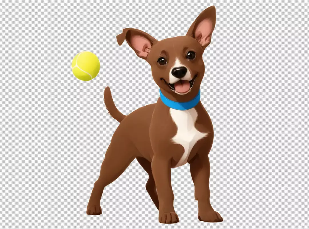 Happy Brown Puppy with Blue Collar Ready to Play with Yellow Tennis Ball