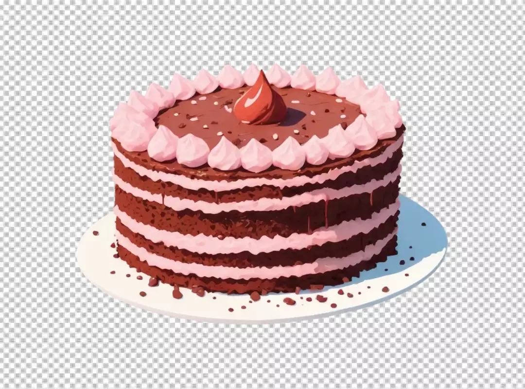 Decadent chocolate layer cake adorned with delicate pink icing and decorative red drop