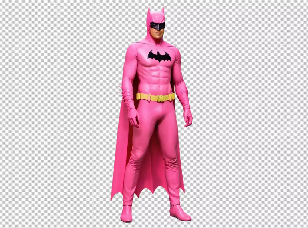 Man Dressed in Unique Pink Batman Costume with Yellow Belt and Black Mask for Creative Cosplay