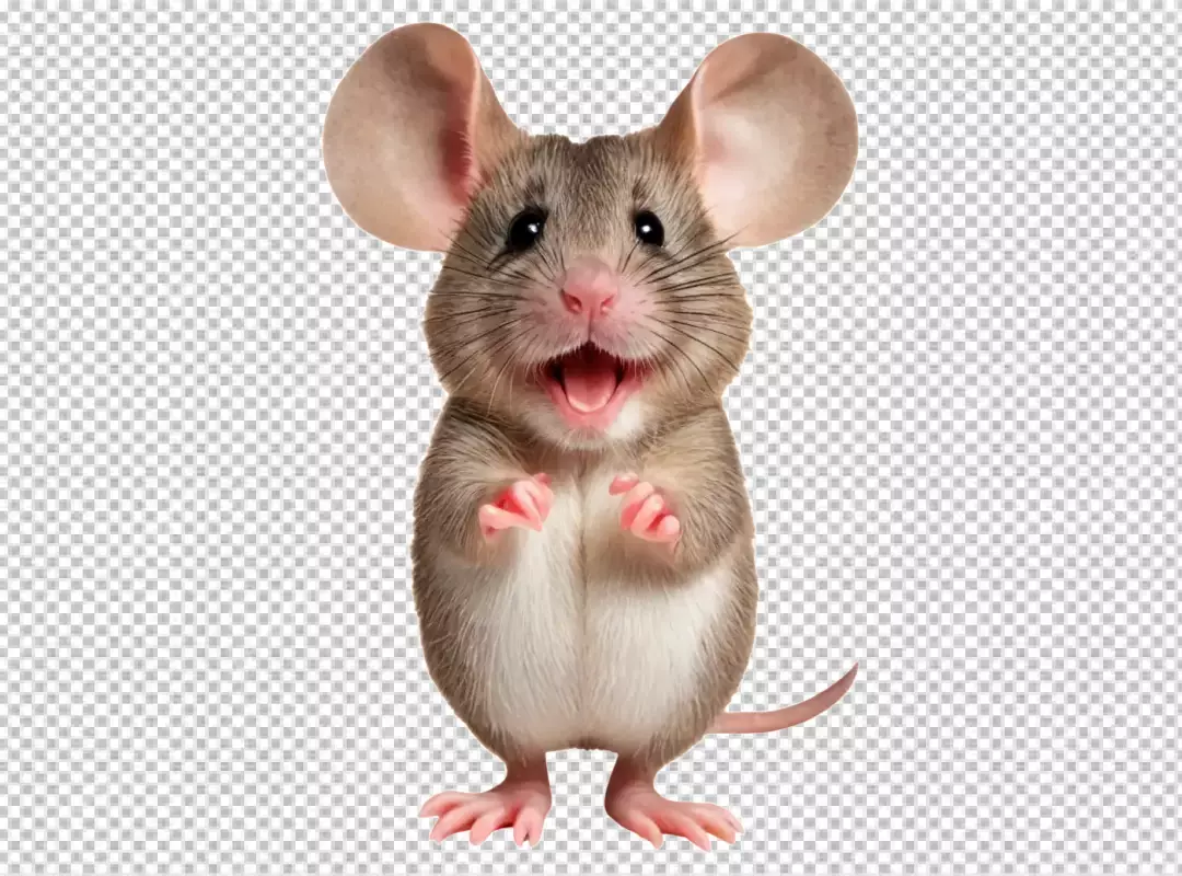 Joyful Small Mouse with Wide Smile and Big Ears Standing on White