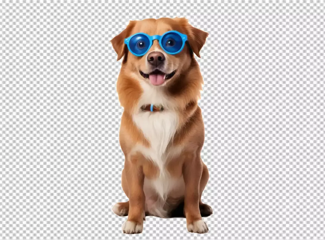 Charming Dog in Trendy Blue Round Sunglasses with an Open Mouth Smile