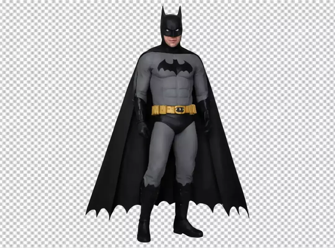 Iconic Dark Knight Vigilante in Classic Grey and Black Costume on White Background