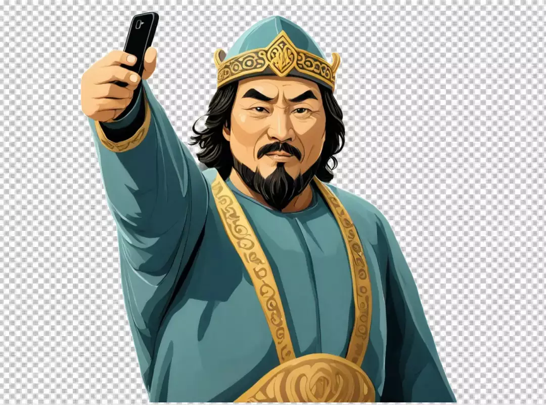 Illustrated Ancient Asian Emperor Taking a Modern Selfie with Smartphone