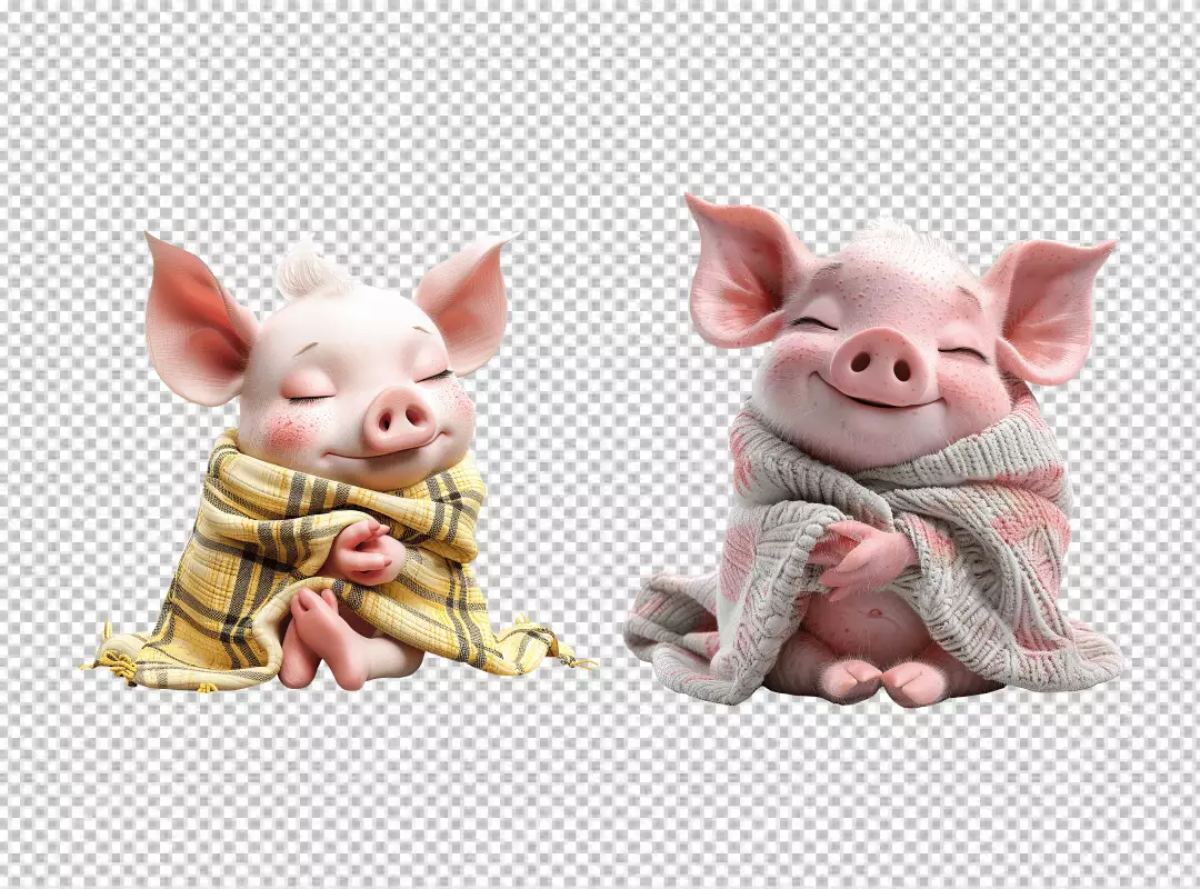 Charming 3D Rendered Cozy Piglets Wrapped in Soft Blankets Digital Art