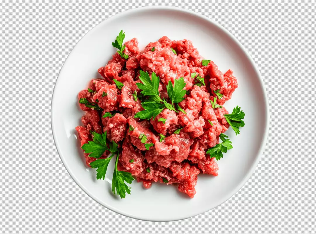 Fresh Raw Minced Meat with Green Parsley on White Plate for Culinary Creations