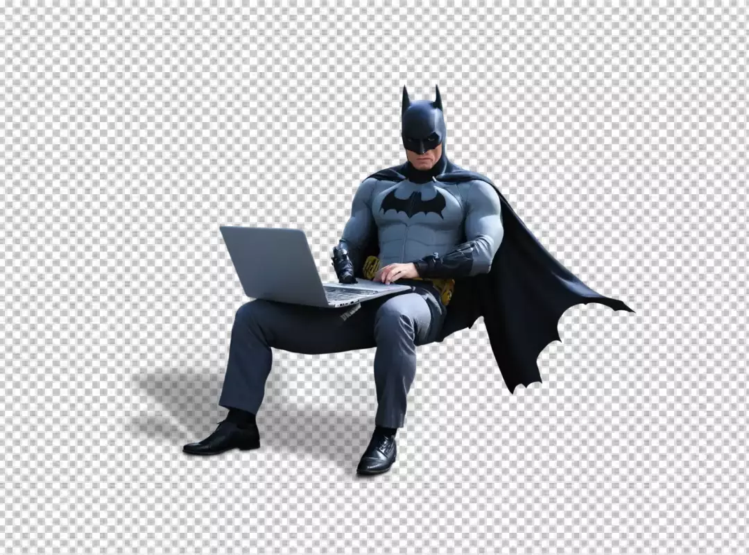 Superhero Batman Sitting and Working on a Laptop with Focused Expression