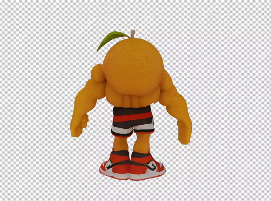 3D rendered muscular orange character wearing athletic sneakers and striped shorts from behind
