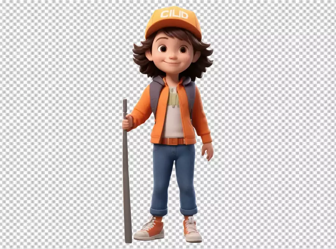 Happy 3D Animated Girl Character with Backpack and Hiking Stick