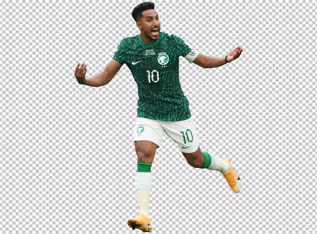 Energetic Saudi Arabian Soccer Player Celebrating Goal on Field