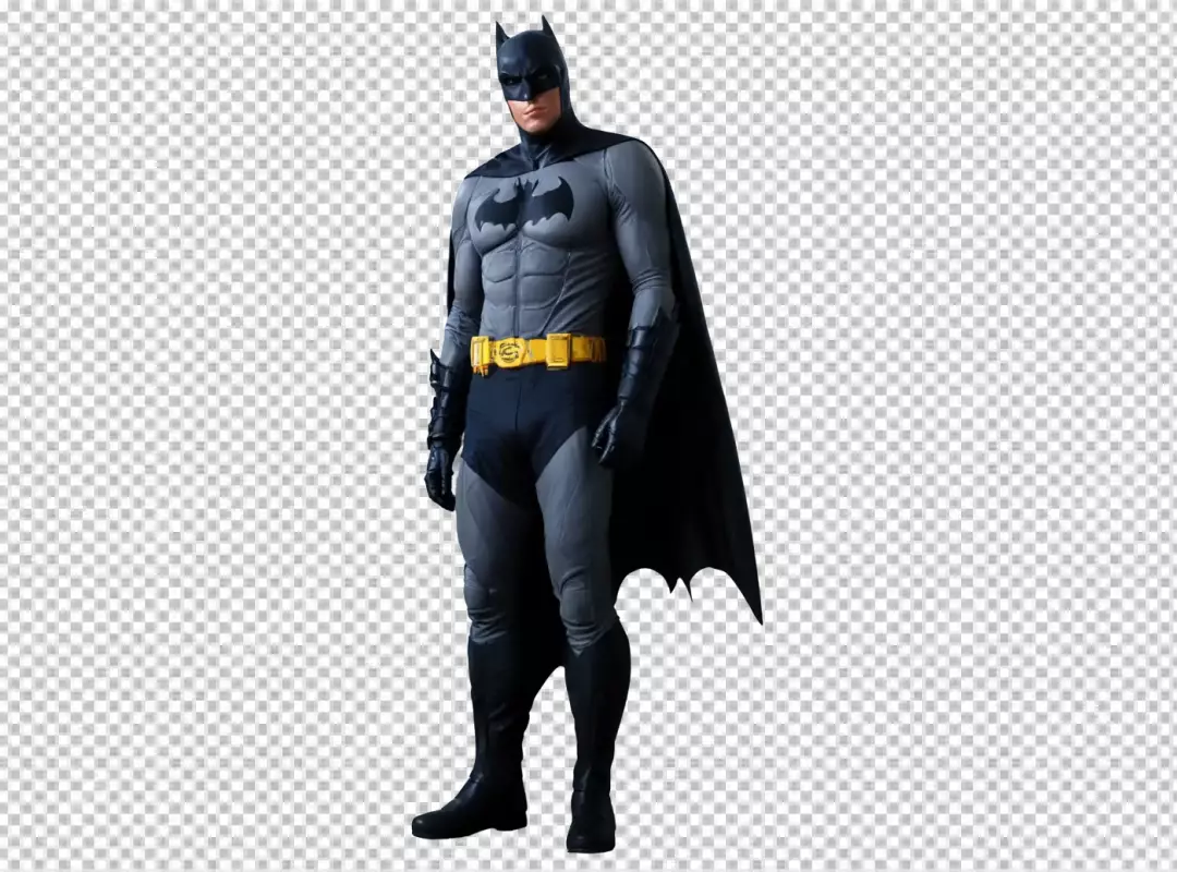 Iconic Batman Superhero in Classic Grey and Black Suit on White Background
