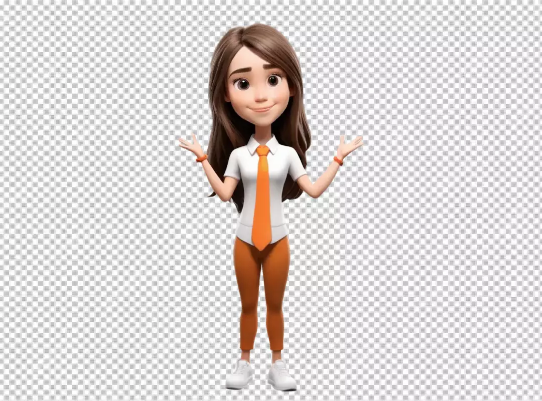 Smiling 3D Cartoon Woman with Orange Tie and Open Hand Gesture Explaining