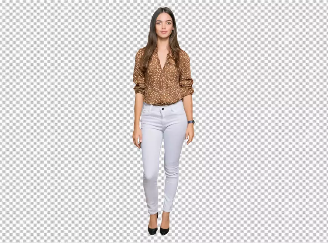 Confident Young Woman in Stylish Brown Blouse and White Jeans Posing Professionally