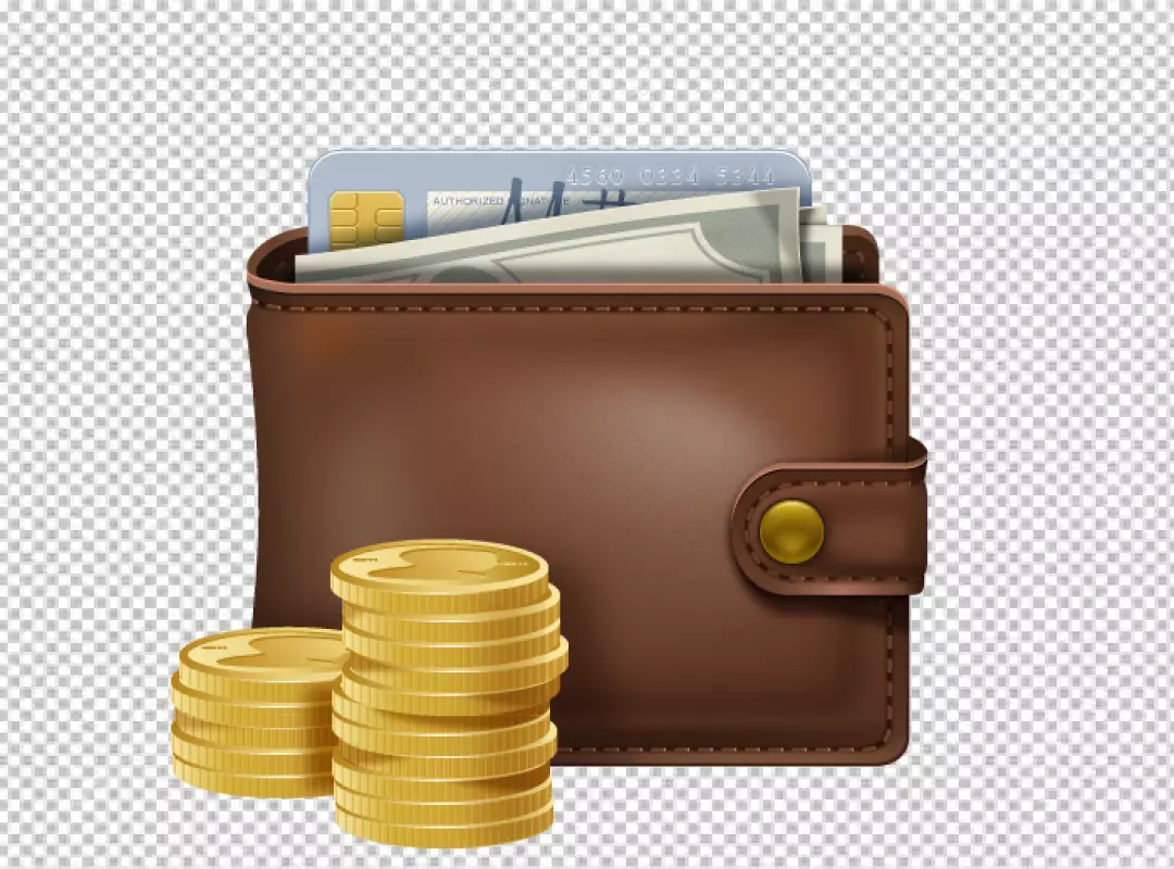 Brown leather wallet with cash and credit card along with gold coins