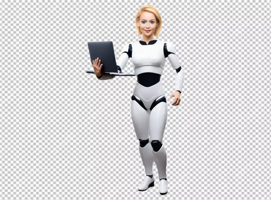 Sleek White Humanoid Robot Woman Holding Laptop Promoting AI Solutions