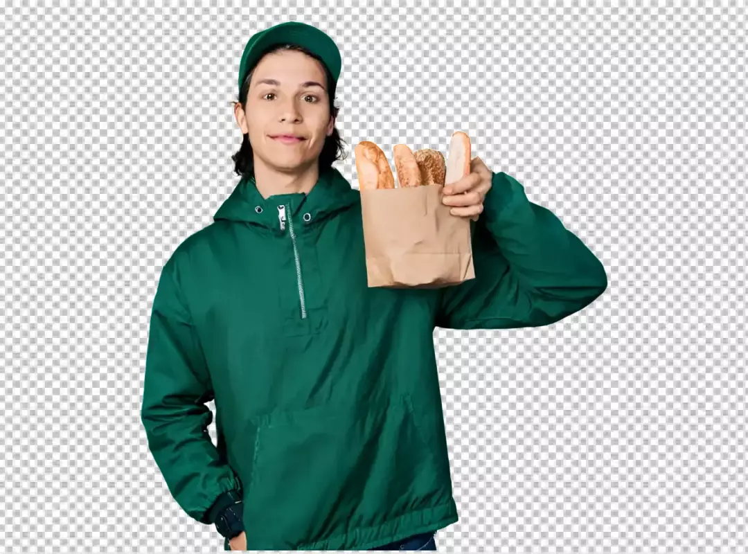 Young Man in Green Uniform Smiling, Delivering Fresh Artisan Bread