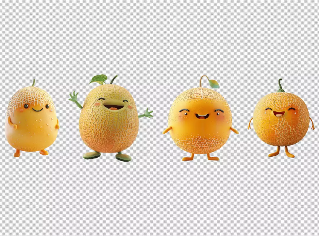Cute 3D Melon Characters Smiling and Waving for Playful Fruit Designs