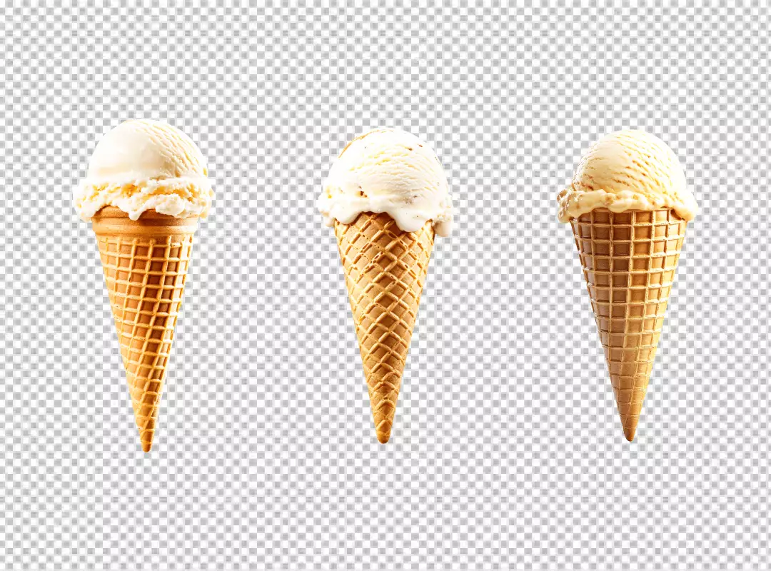 Three Delicious Vanilla Ice Cream Scoops in Crispy Waffle Cones Sweet Summer Treat