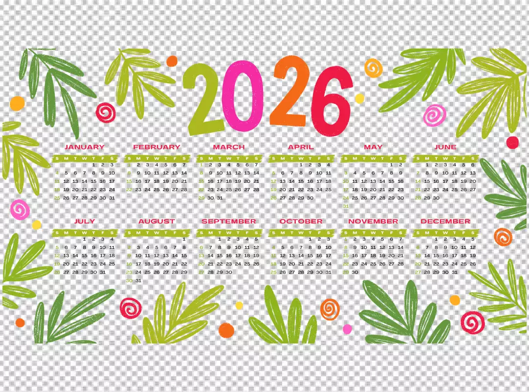 Vibrant Hand-Drawn 2026 Yearly Calendar with Tropical Foliage and Colorful Abstract Art