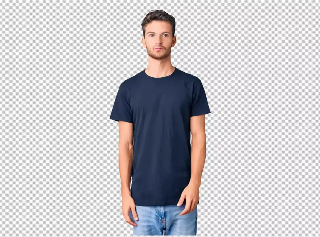 Male Model in Plain Navy T-shirt and Jeans for Casual Apparel Mockup