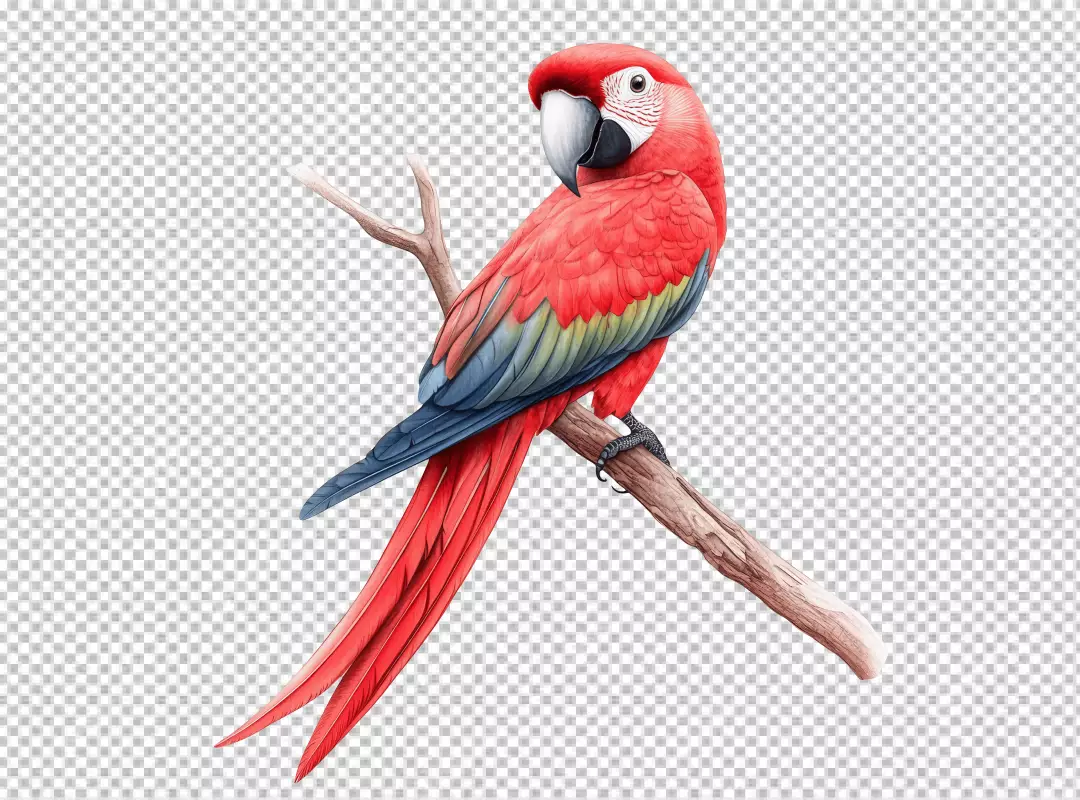 Vibrant Red Macaw Parrot Perching on Branch Tropical Bird PNG Download