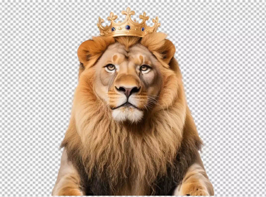 Regal Male Lion Adorned with Golden Crown and Blue Jewels Portrait