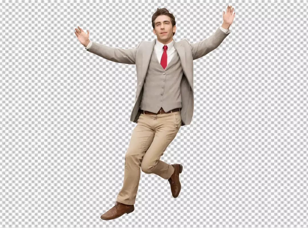 Energetic Young Man in Grey Suit and Red Tie Jumping Joyfully