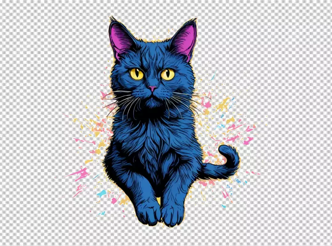 Vibrant Blue Cat with Yellow Eyes and Colorful Paint Splatter Art Background