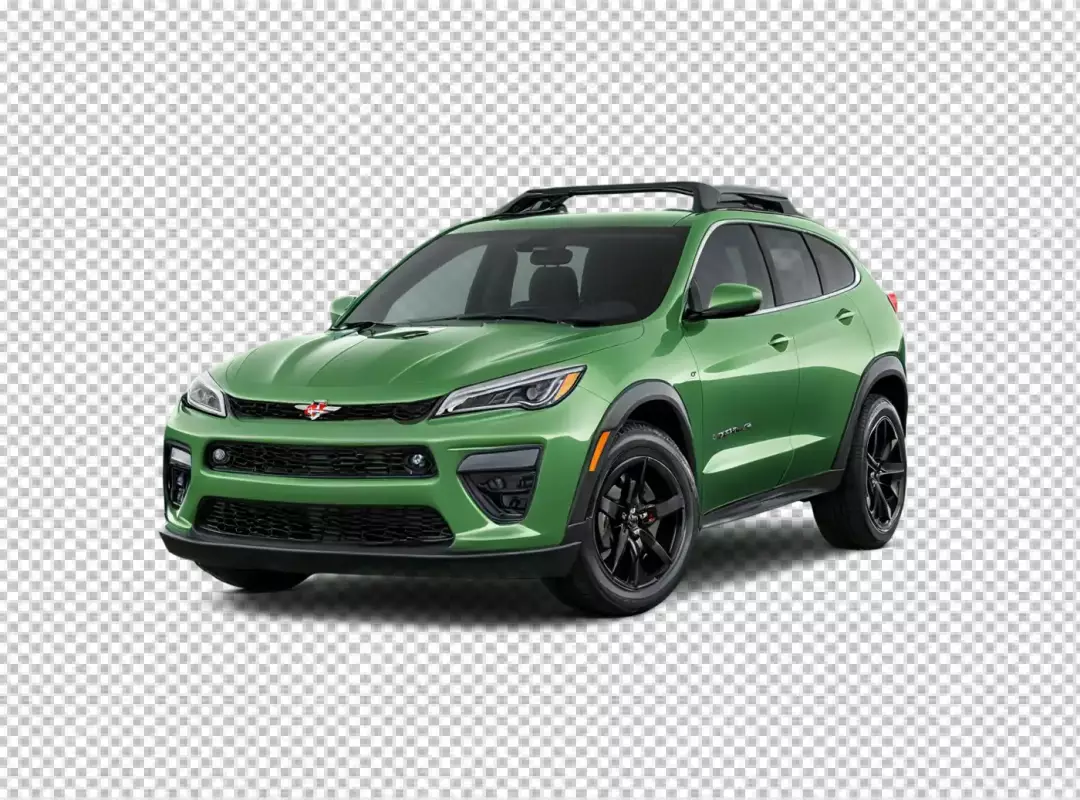 Modern Green Compact Crossover SUV with Roof Rails and Black Wheels on White Background