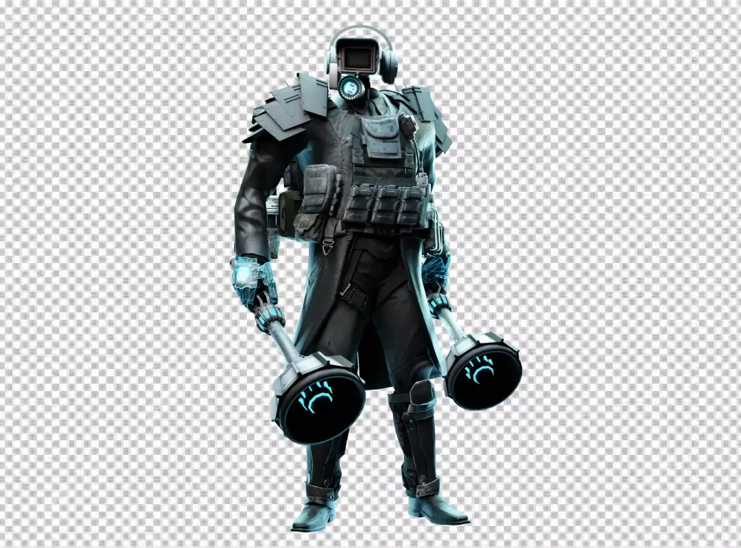 Futuristic Cybernetic Soldier with Monitor Head and Glowing Melee Weapons