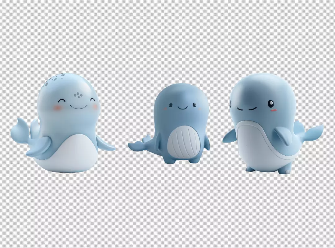 Adorable Blue Whales Smiling Cartoon Characters PNG for Children's Designs
