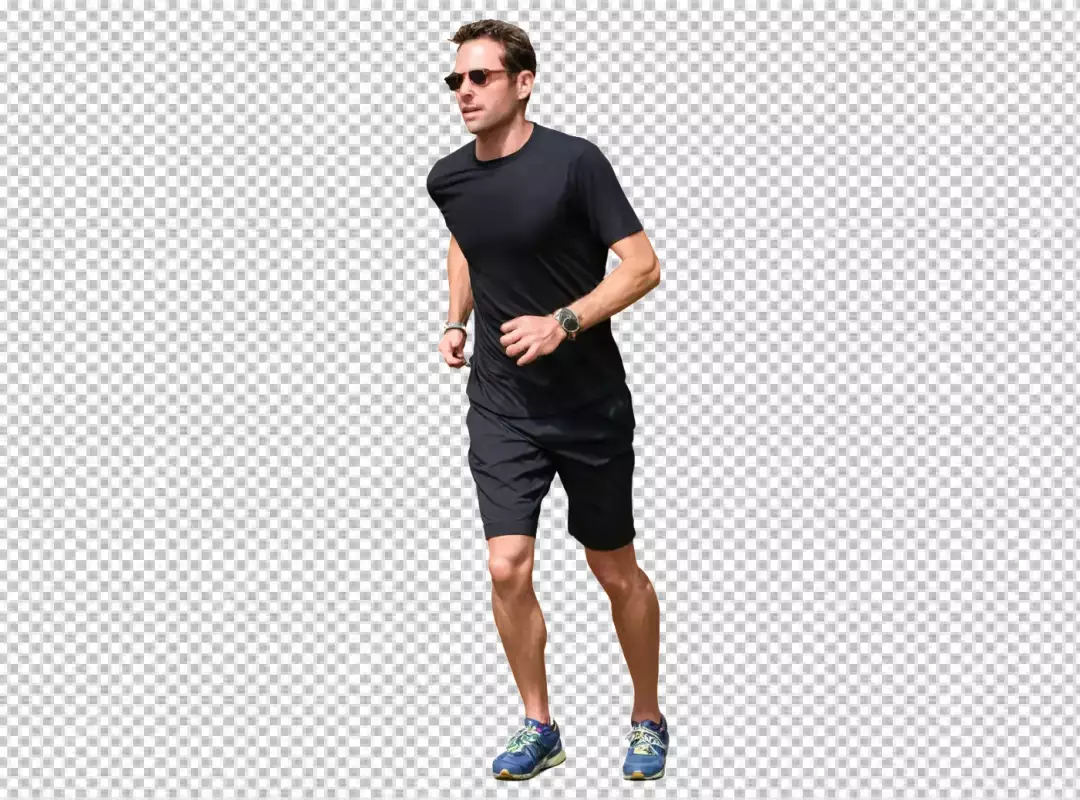 Dynamic Male Athlete in Black Sports Gear and Shades on Fitness Run