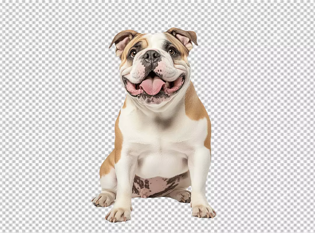 Happy English Bulldog Puppy Sitting with Tongue Out, Adorable Animal PNG