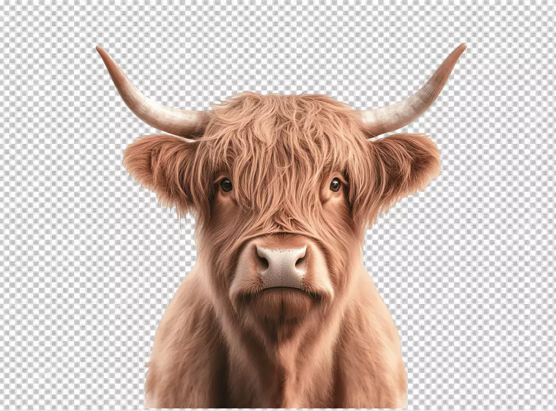Highland Cow Head with Shaggy Hair and Majestic Horns PNG Cutout