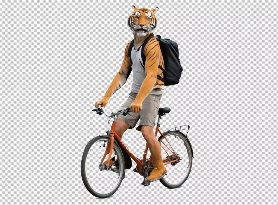Whimsical Anthropomorphic Tiger-Headed Person Riding a Classic Bicycle with Backpack