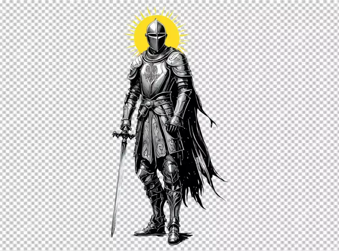 Majestic Knight in Shining Armor with Sword and Radiant Sun Halo