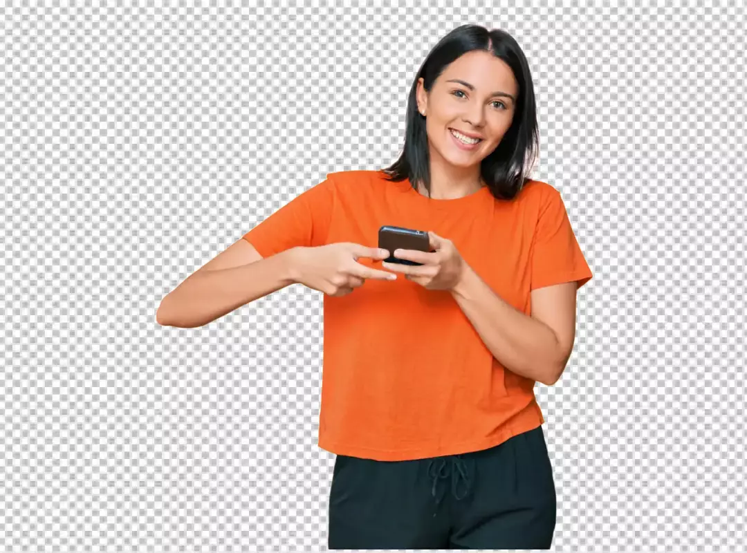 Smiling Young Woman Engaged with Smartphone in Casual Orange Top