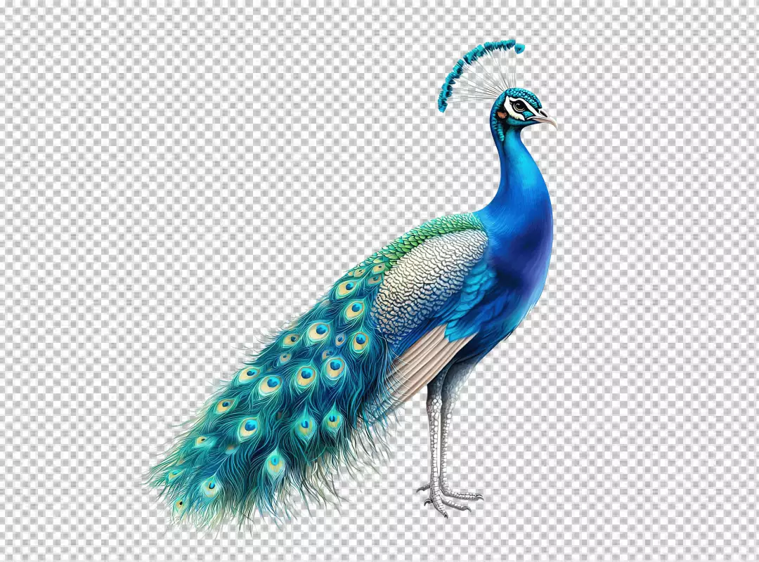 Vibrant Blue Peacock with Majestic Feathers PNG Cutout for Creative Designs