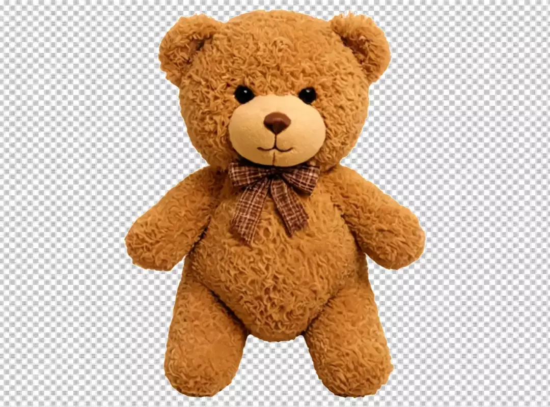 Cute Fluffy Brown Teddy Bear with Plaid Bow Isolated on White
