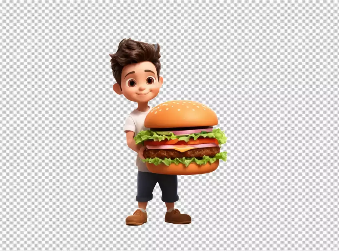 Charming 3D Animated Boy Proudly Holding a Giant Classic Fast Food Burger