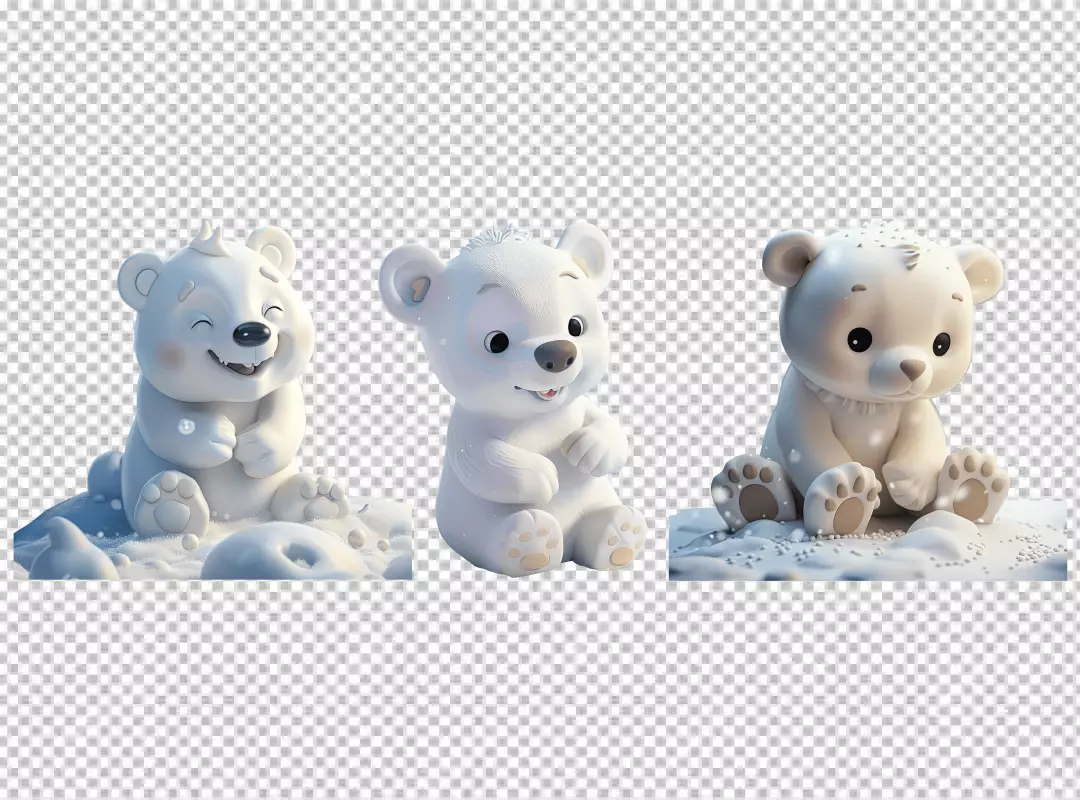 Three Adorable 3D Baby Polar Bears Playing in Snow PNG